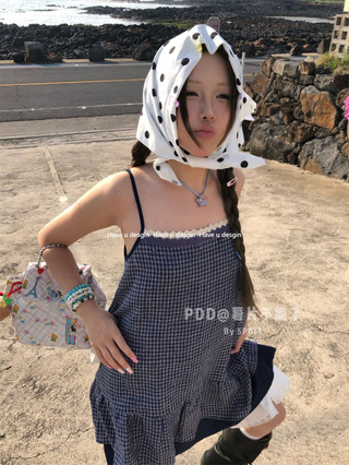 Have u desgin ins Phong Cách Đơn Giản Chấm Bi Khăn Trùm Đầu Khăn Lụa Khăn Che Nắng Phong Cách Kỳ Nghỉ Lười lõm Hình Mặc