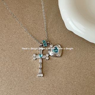 French High-end Blue Ribbon Heart Cross Necklace for Women Sweet Cool Fashion Jewelry