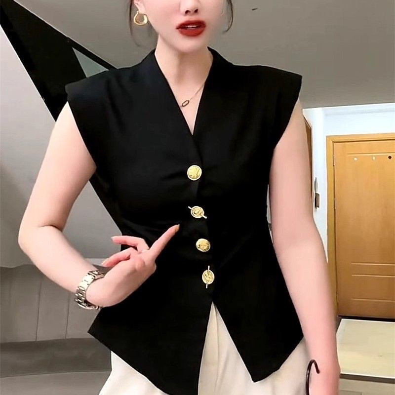 Lan ~ Pháp Retro Cao Cấp Phù Hợp Với Áo Vest Nữ Hàng Châu Âu Thời Trang Mùa Hè Cổ Chữ V Slim-fit Nẹp Công Nghiệp Nặng Nút Không Tay Top