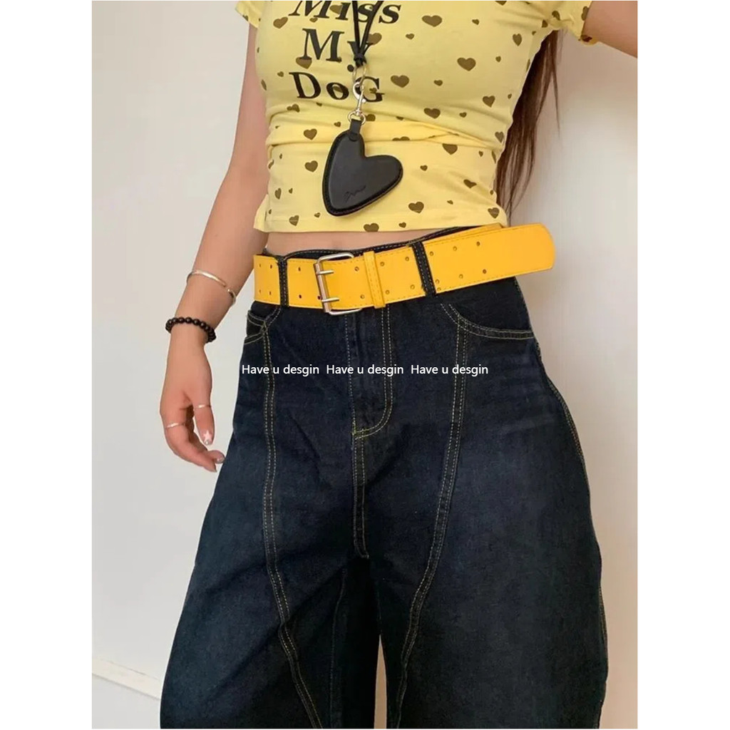 Sản phẩm chính hãng - Thắt lưng màu vàng hai viền rộng - Phụ kiện thời trang cho nữ
