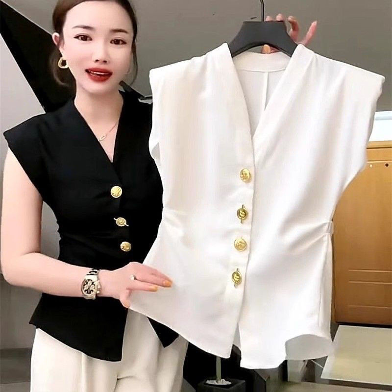 Lan ~ Pháp Retro Cao Cấp Phù Hợp Với Áo Vest Nữ Hàng Châu Âu Thời Trang Mùa Hè Cổ Chữ V Slim-fit Nẹp Công Nghiệp Nặng Nút Không Tay Top