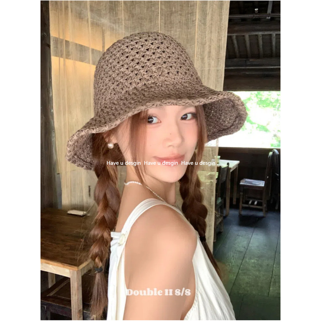 Have u desgin Phong Cách Kỳ Nghỉ Flanling Rỗng Mũ Rơm Nữ Mùa Hè Phù Hợp Với Chống Nắng Che Nắng Dệt Lưu Vực Mũ Xô Mũ
