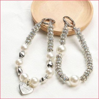 Dây đeo điện thoại di động bằng kim cương và ngọc trai sang trọng, dây đeo cổ tay ngắn, dây chuyền mặt dây chuyền đá rhinestone, dây chống thất lạc đa năng