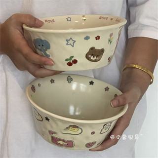 Bộ đồ ăn gia đình: bát cơm gốm họa tiết hoạt hình, chịu nhiệt cao, dùng cho súp/salad