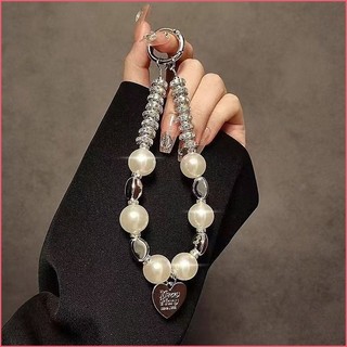 Dây đeo điện thoại di động bằng kim cương và ngọc trai sang trọng, dây đeo cổ tay ngắn, dây chuyền mặt dây chuyền đá rhinestone, dây chống thất lạc đa năng
