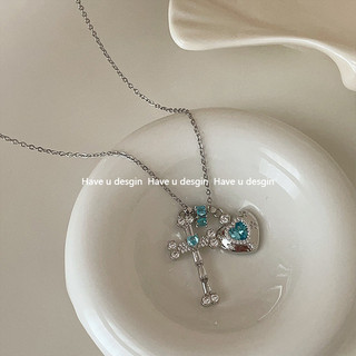 French High-end Blue Ribbon Heart Cross Necklace for Women Sweet Cool Fashion Jewelry