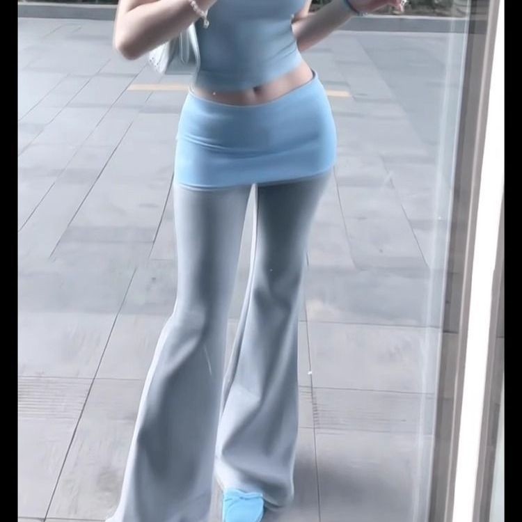 Lan ~ Low-Waist Color Matching Micro-Flared Casual Quần Nữ Mùa Hè Phong Cách Mới Màu Xám Slim-Fit
