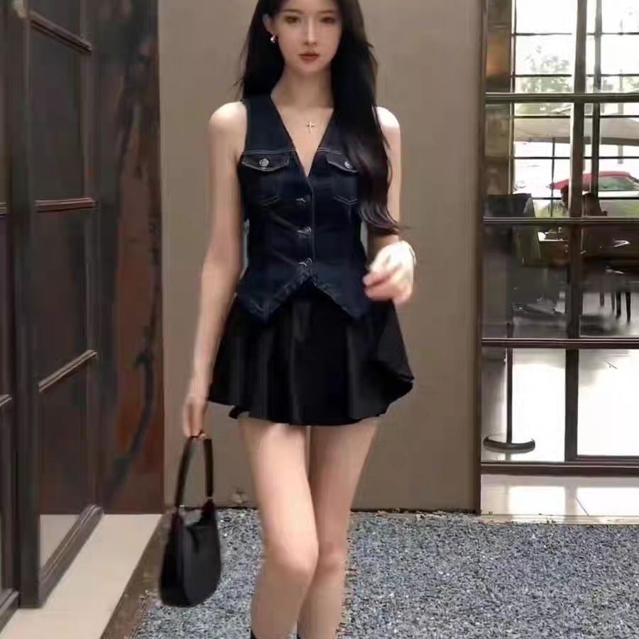 Lan ~ Mùa Hè Phong Cách Mới Pháp Retro Hồng Kông Phong Cách Không Tay Cổ Chữ V Slim Denim Áo Vest Top