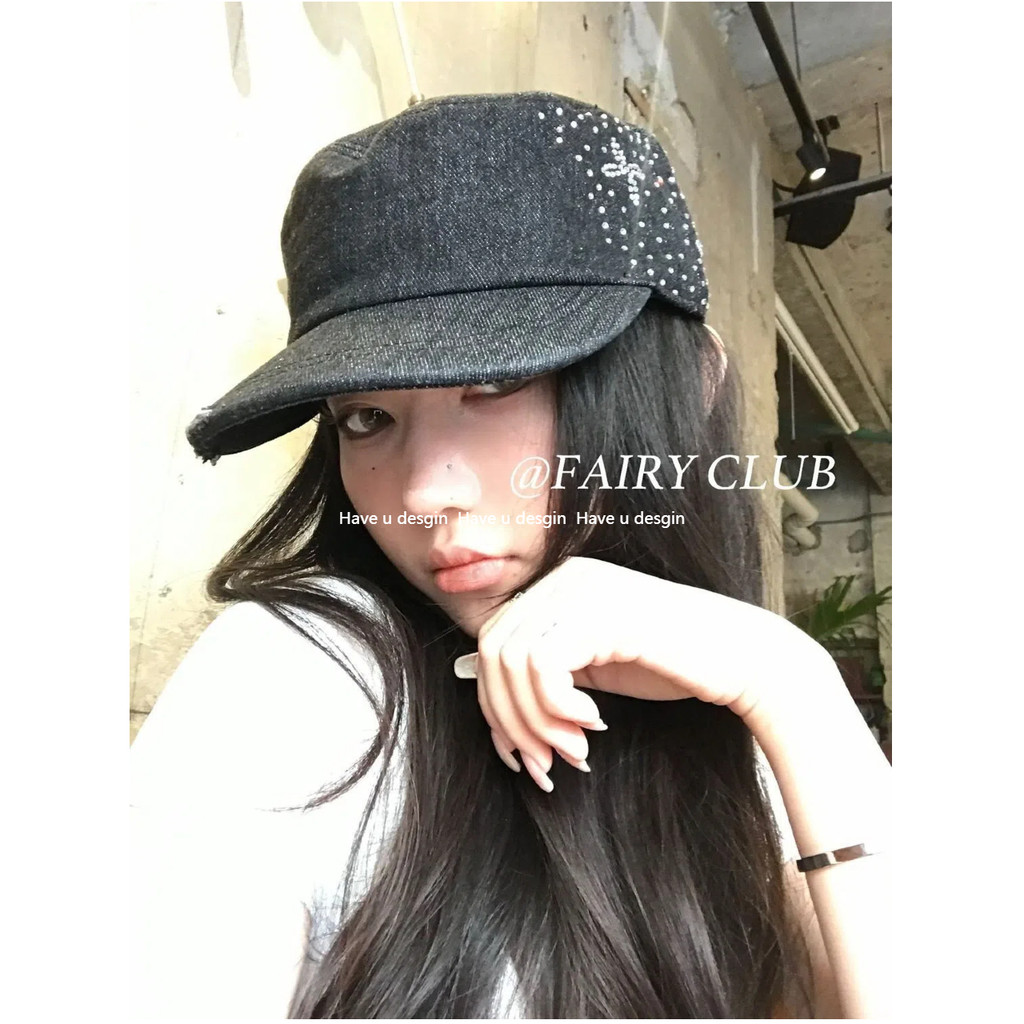 Have u desgin Phiên Bản Hàn Quốc Phù Hợp Với Kim Cương Giả Flat Top Mũ Bóng Chày Nữ Retro Cowboy Hot Girl Thể Hiện Mặt Mũ Nhỏ Mũ Niche Anh
