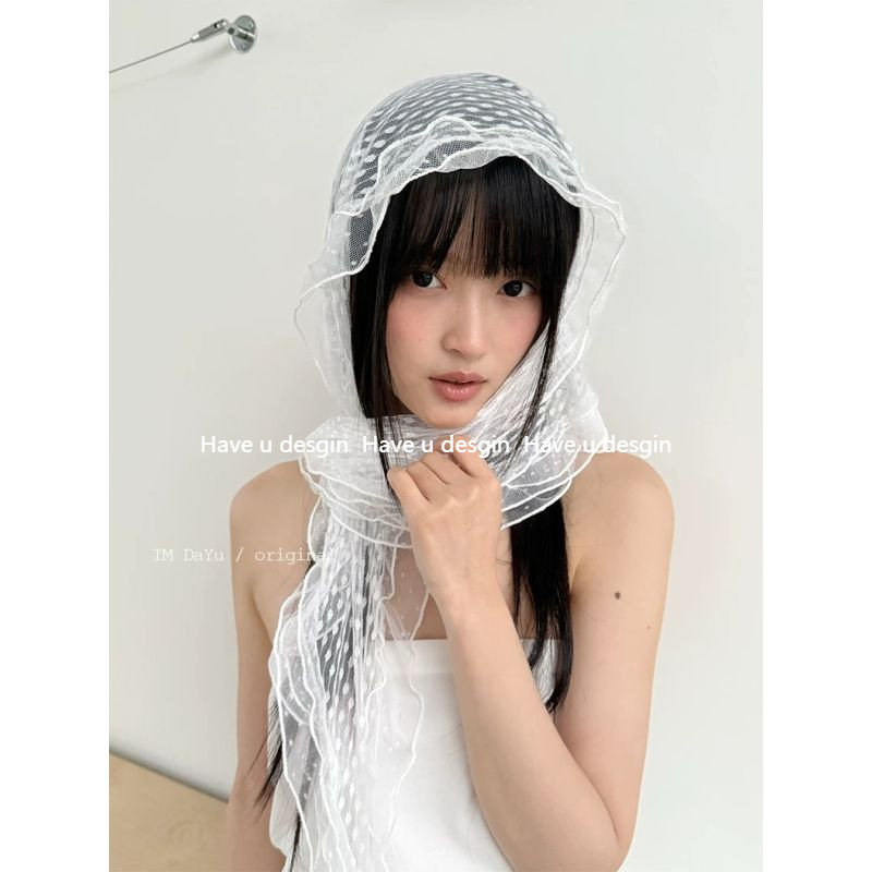 Have u desgin Ý Ren Chấm Bi Khăn Trùm Đầu Khăn Lụa Nữ ins Blogger Cùng Phong Cách Phong Cách Hàn Quốc Xù Mỏng Khăn Ruy Băng