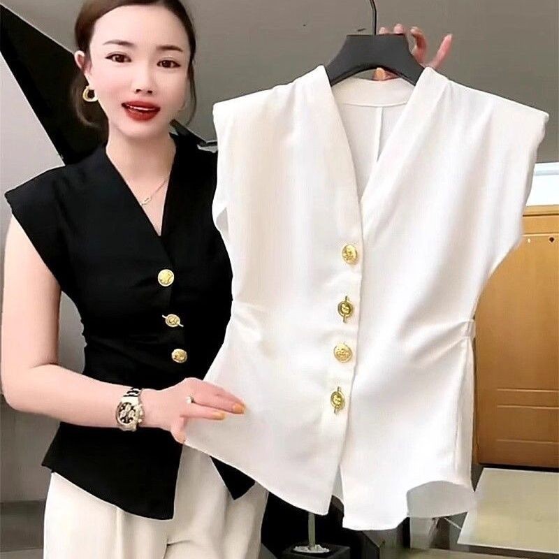 Lan ~ Pháp Retro Cao Cấp Phù Hợp Với Áo Vest Nữ Hàng Châu Âu Thời Trang Mùa Hè Cổ Chữ V Slim-fit Nẹp Công Nghiệp Nặng Nút Không Tay Top