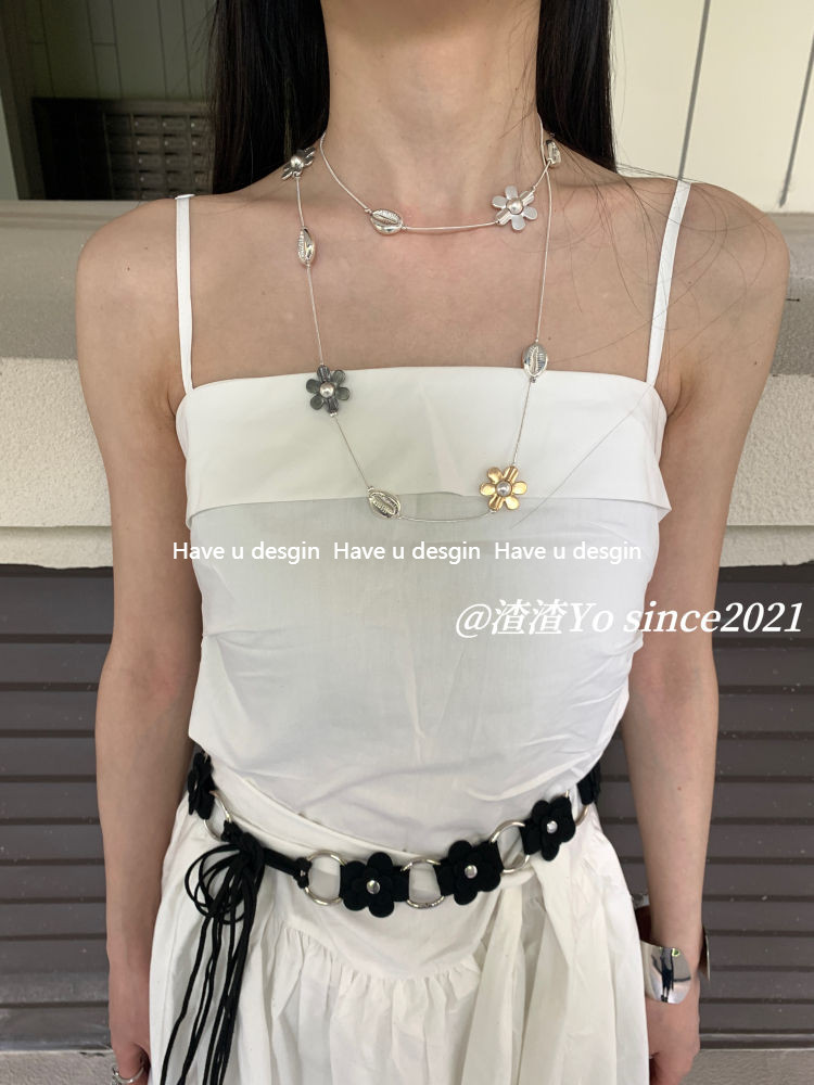 Have u desgin Hoa Kim Loại Màu Sắc Tương Phản Xếp Chồng Khâu Dài Đa Năng Thiết Kế Vòng Cổ Tinh Tế Feel ins Áo Len Dây Xích Nữ