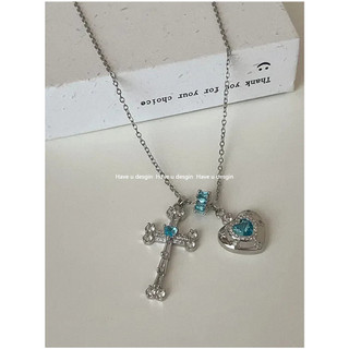French High-end Blue Ribbon Heart Cross Necklace for Women Sweet Cool Fashion Jewelry