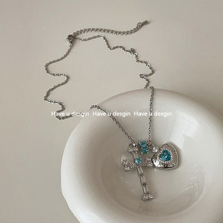French High-end Blue Ribbon Heart Cross Necklace for Women Sweet Cool Fashion Jewelry