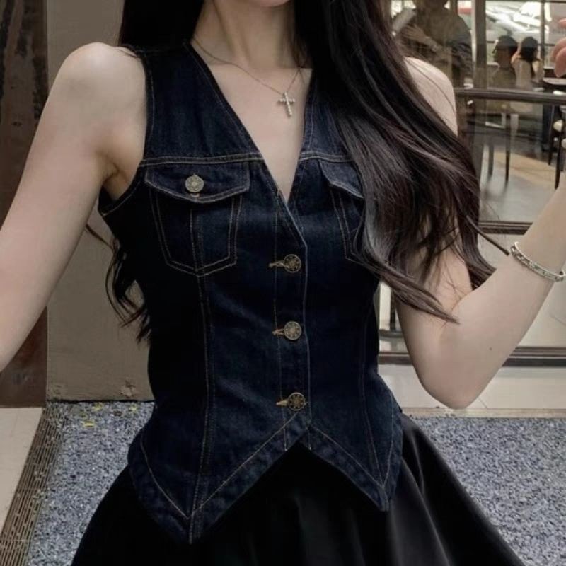 Lan ~ Mùa Hè Phong Cách Mới Pháp Retro Hồng Kông Phong Cách Không Tay Cổ Chữ V Slim Denim Áo Vest Top