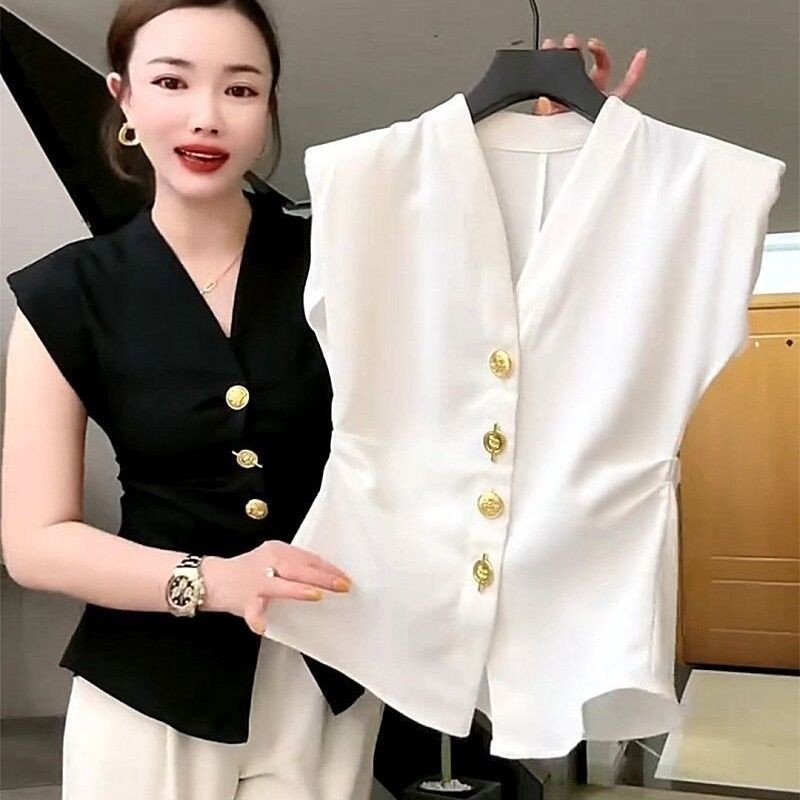 Lan ~ Pháp Retro Cao Cấp Phù Hợp Với Áo Vest Nữ Hàng Châu Âu Thời Trang Mùa Hè Cổ Chữ V Slim-fit Nẹp Công Nghiệp Nặng Nút Không Tay Top