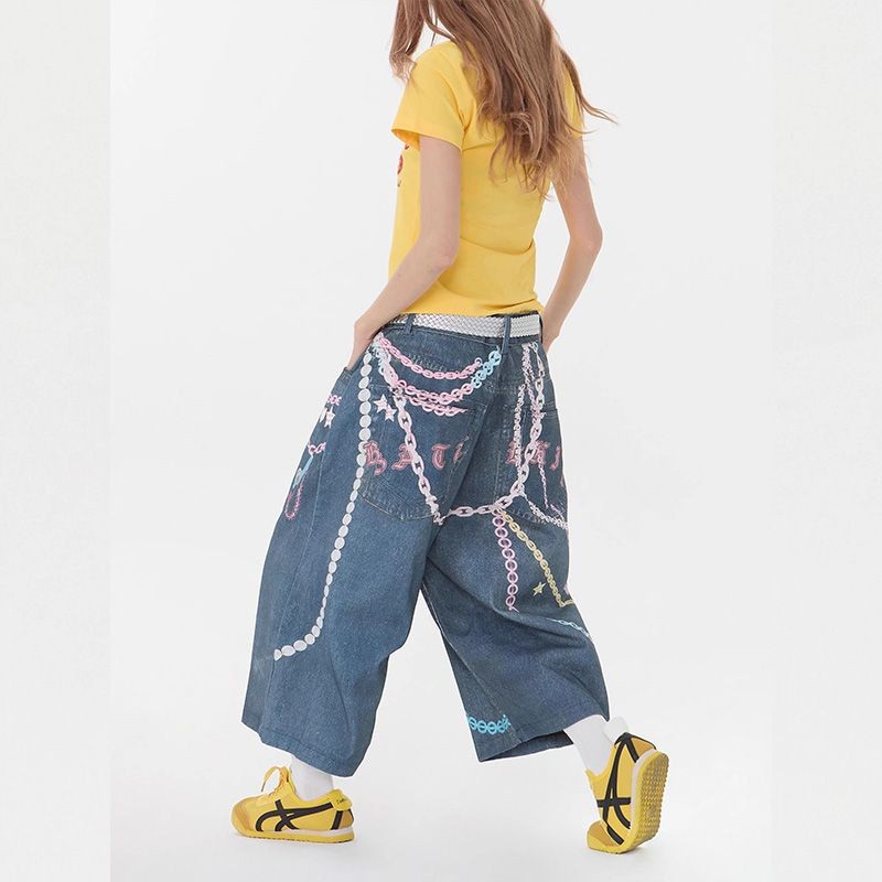 Lan ~ 3D Dây Xích In Màu Quần Jean Crop Nữ Phong Cách Mỹ Đường Phố Rời Độc Đáo Siêu Mỏng Hơn Nhìn Rộng Quần Hợp Thời Trang