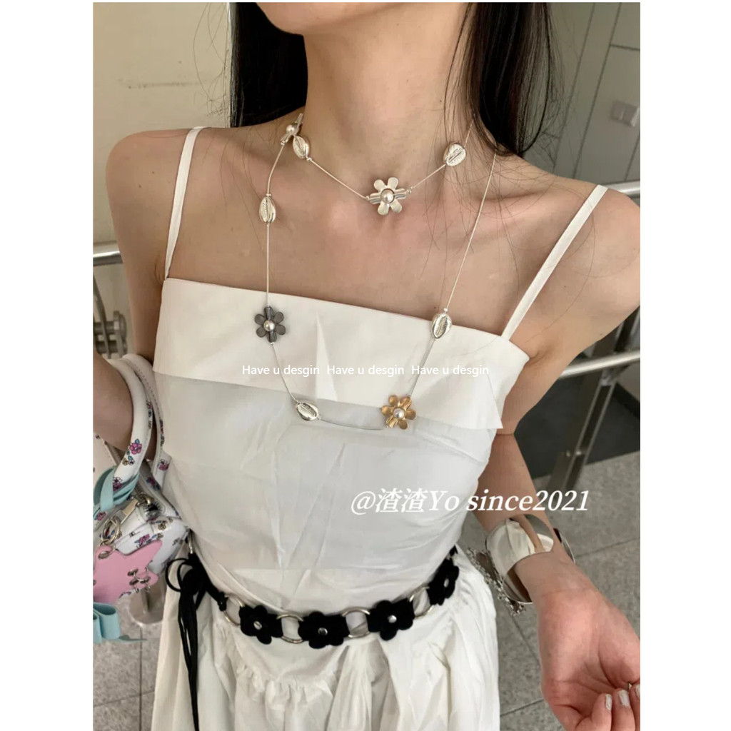 Have u desgin Hoa Kim Loại Màu Sắc Tương Phản Xếp Chồng Khâu Dài Đa Năng Thiết Kế Vòng Cổ Tinh Tế Feel ins Áo Len Dây Xích Nữ