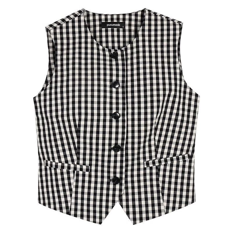 Lan ~ Giọng Retro|Áo Vest Kẻ Sọc Trắng Đen Thiết Kế Nữ Niche Cổ Tròn Nẹp Áo Vest Top