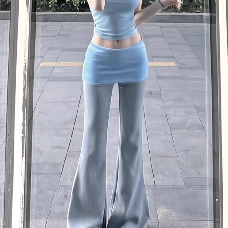 Lan ~ Low-Waist Color Matching Micro-Flared Casual Quần Nữ Mùa Hè Phong Cách Mới Màu Xám Slim-Fit