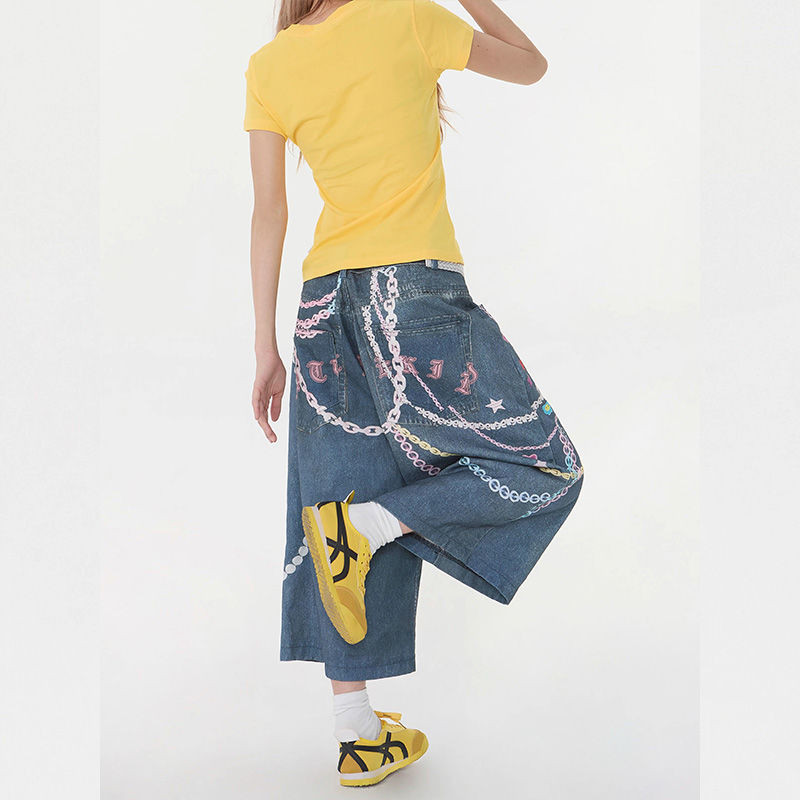 Lan ~ 3D Dây Xích In Màu Quần Jean Crop Nữ Phong Cách Mỹ Đường Phố Rời Độc Đáo Siêu Mỏng Hơn Nhìn Rộng Quần Hợp Thời Trang
