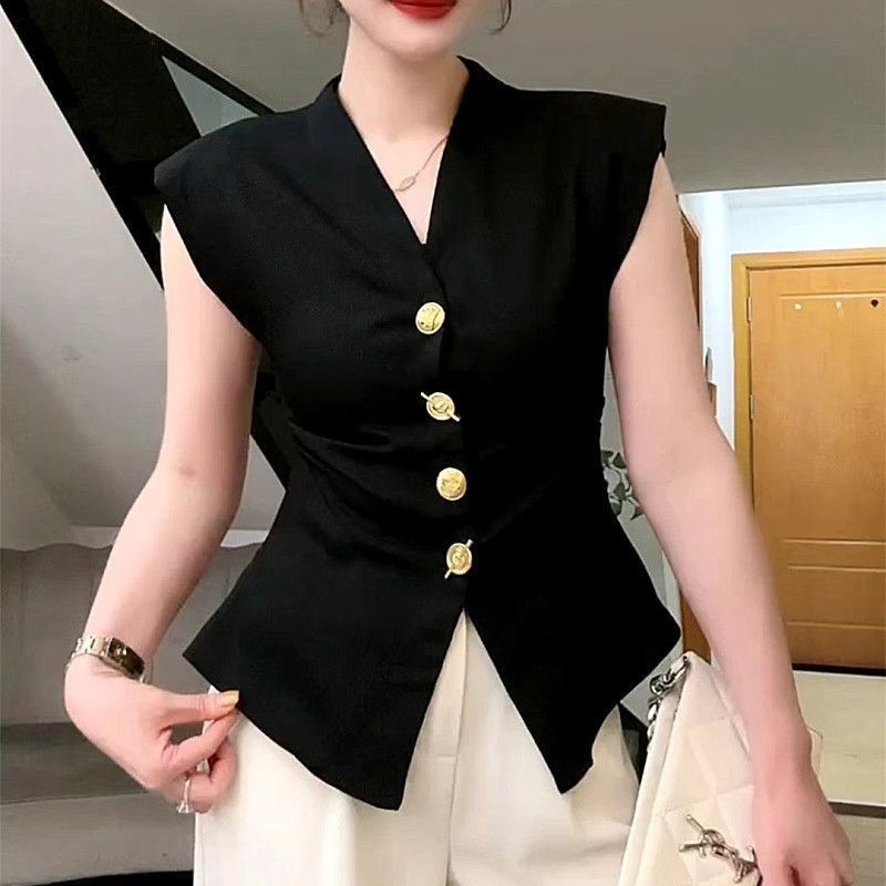 Lan ~ Pháp Retro Cao Cấp Phù Hợp Với Áo Vest Nữ Hàng Châu Âu Thời Trang Mùa Hè Cổ Chữ V Slim-fit Nẹp Công Nghiệp Nặng Nút Không Tay Top