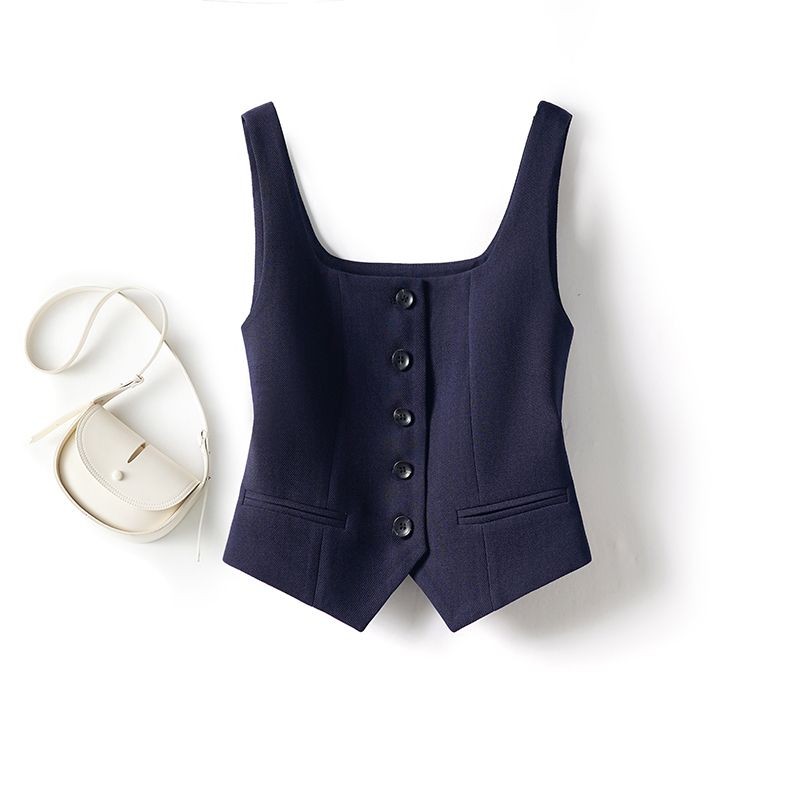 Lan ~ Nâu Pháp Cổ Vuông Phù Hợp Với Áo Vest Nữ Áo Vest Ngoài Phong Cách Mới Phù Hợp Với Lớp Ngắn Top