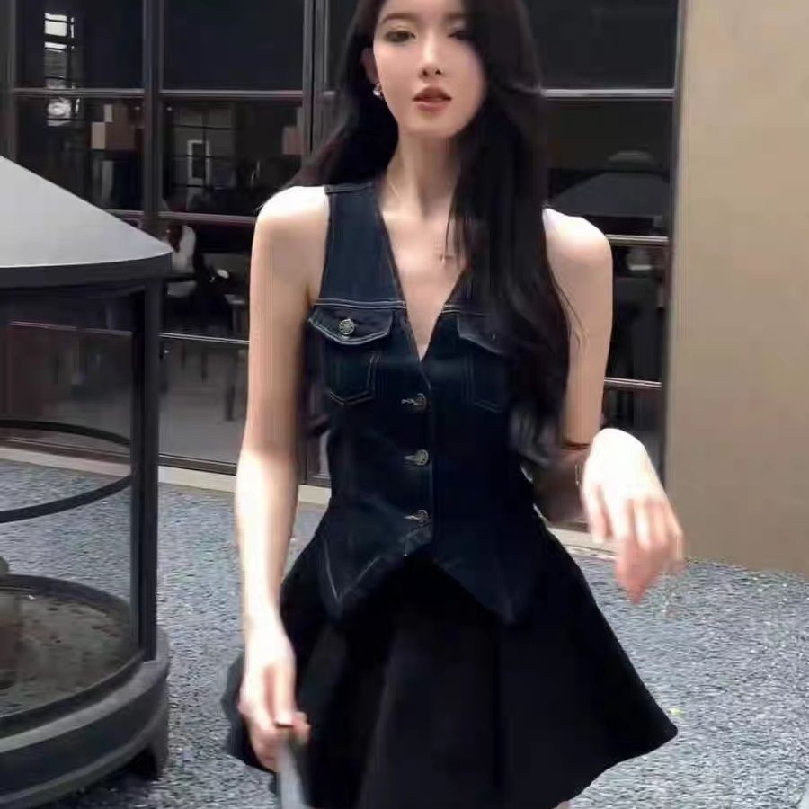 Lan ~ Mùa Hè Phong Cách Mới Pháp Retro Hồng Kông Phong Cách Không Tay Cổ Chữ V Slim Denim Áo Vest Top