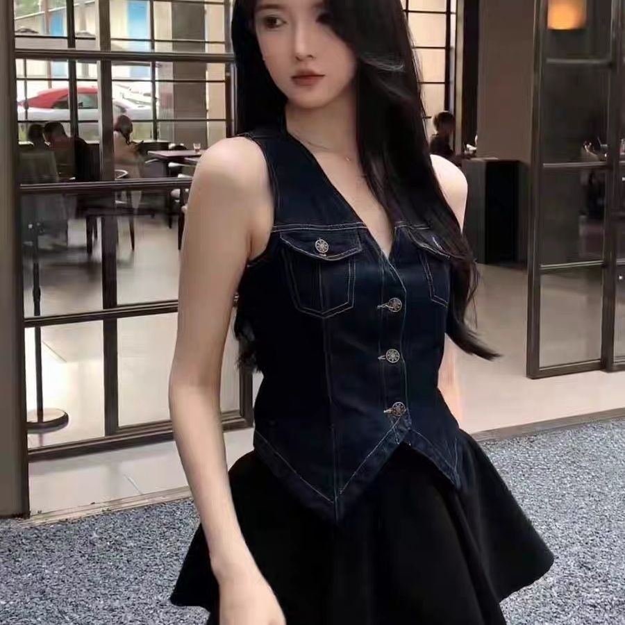 Lan ~ Mùa Hè Phong Cách Mới Pháp Retro Hồng Kông Phong Cách Không Tay Cổ Chữ V Slim Denim Áo Vest Top