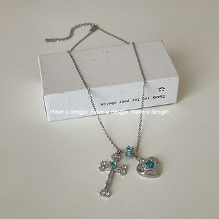 French High-end Blue Ribbon Heart Cross Necklace for Women Sweet Cool Fashion Jewelry