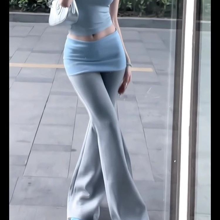 Lan ~ Low-Waist Color Matching Micro-Flared Casual Quần Nữ Mùa Hè Phong Cách Mới Màu Xám Slim-Fit