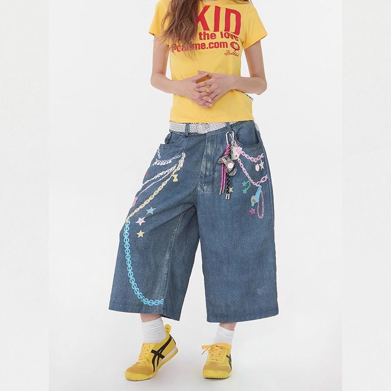 Lan ~ 3D Dây Xích In Màu Quần Jean Crop Nữ Phong Cách Mỹ Đường Phố Rời Độc Đáo Siêu Mỏng Hơn Nhìn Rộng Quần Hợp Thời Trang
