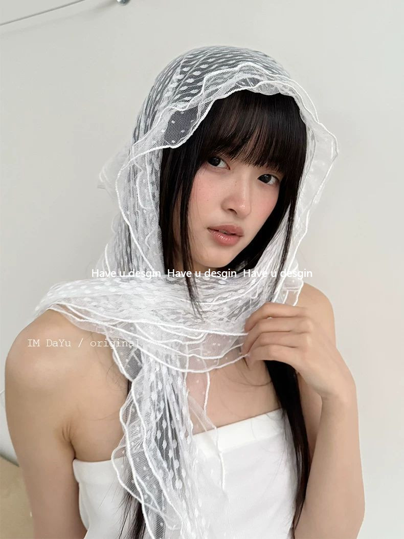 Have u desgin Ý Ren Chấm Bi Khăn Trùm Đầu Khăn Lụa Nữ ins Blogger Cùng Phong Cách Phong Cách Hàn Quốc Xù Mỏng Khăn Ruy Băng