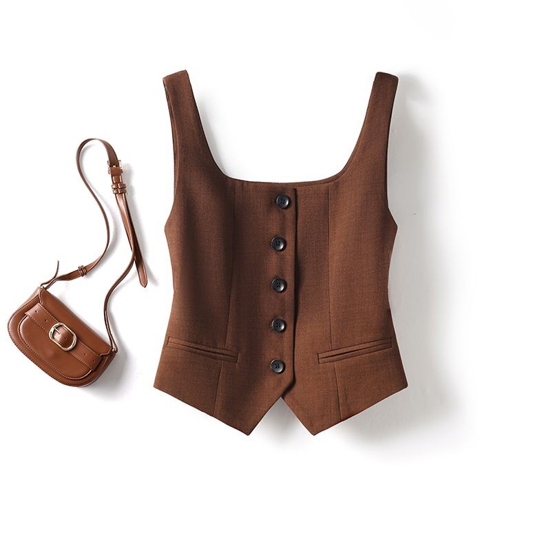 Lan ~ Nâu Pháp Cổ Vuông Phù Hợp Với Áo Vest Nữ Áo Vest Ngoài Phong Cách Mới Phù Hợp Với Lớp Ngắn Top