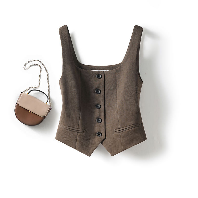 Lan ~ Nâu Pháp Cổ Vuông Phù Hợp Với Áo Vest Nữ Áo Vest Ngoài Phong Cách Mới Phù Hợp Với Lớp Ngắn Top