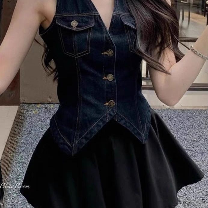 Lan ~ Mùa Hè Phong Cách Mới Pháp Retro Hồng Kông Phong Cách Không Tay Cổ Chữ V Slim Denim Áo Vest Top