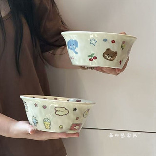 Bộ đồ ăn gia đình: bát cơm gốm họa tiết hoạt hình, chịu nhiệt cao, dùng cho súp/salad
