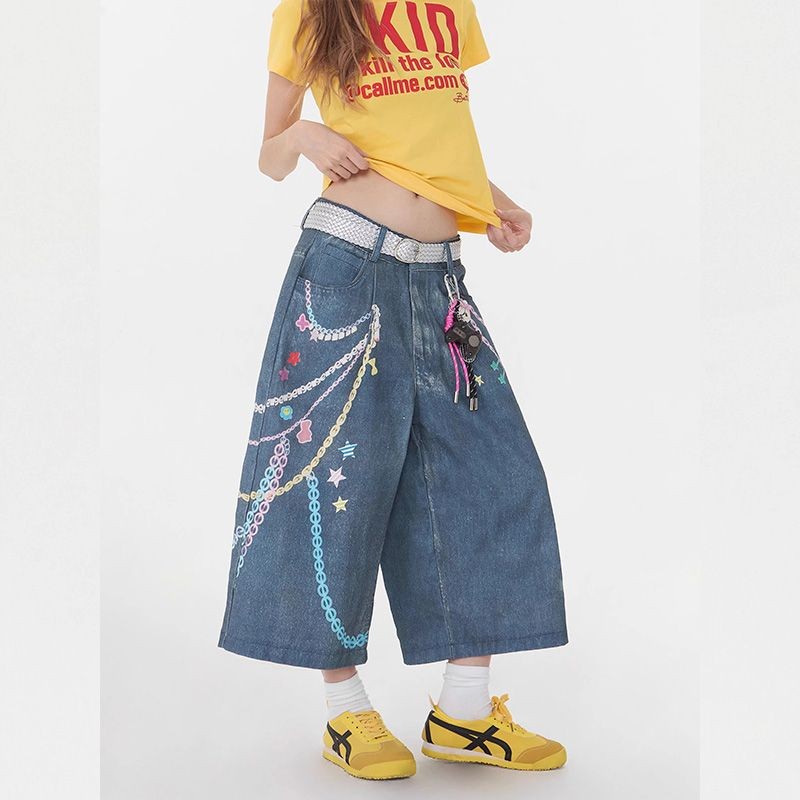 Lan ~ 3D Dây Xích In Màu Quần Jean Crop Nữ Phong Cách Mỹ Đường Phố Rời Độc Đáo Siêu Mỏng Hơn Nhìn Rộng Quần Hợp Thời Trang