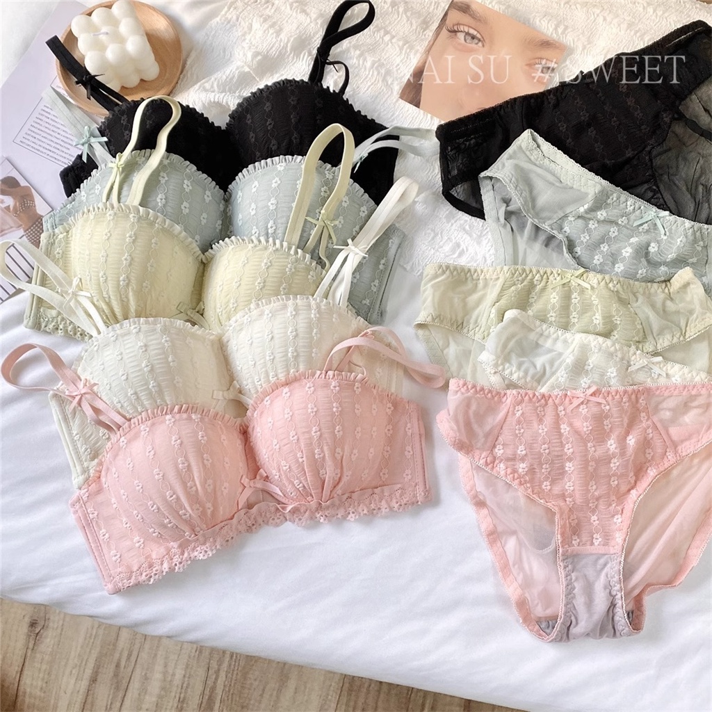 Set Áo Ngực + Quần Lót Ren Thêu Hoa Cúp 3 / 4 Nâng Ngực Quyến Rũ Cho Nữ