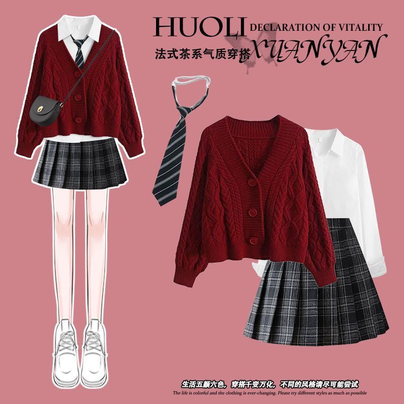 [YU]Set Nữ Phong Cách Hàn Quốc Thiết Kế Màu Đỏ Cardigan Áo Len Mix Áo Sơ Mi Học Viện