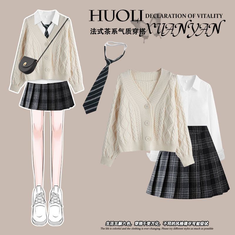 [YU]Set Nữ Phong Cách Hàn Quốc Thiết Kế Màu Đỏ Cardigan Áo Len Mix Áo Sơ Mi Học Viện