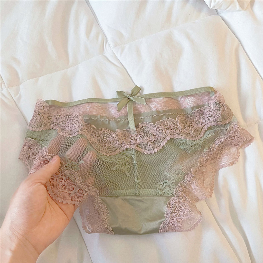 Pháp Satin Ren Quần Lót Gợi Cảm Thấp Eo Lưới Thoáng Khí Nguyên Chất Cotton Gian Hàng Nữ Cung Điện Phong Cách Quần Lót