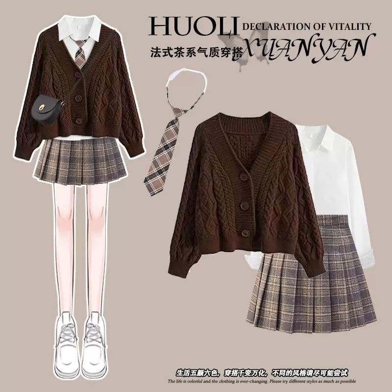 [YU]Set Nữ Phong Cách Hàn Quốc Thiết Kế Màu Đỏ Cardigan Áo Len Mix Áo Sơ Mi Học Viện