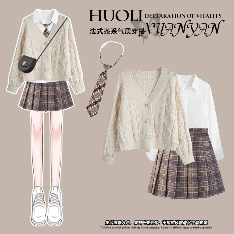 [YU]Set Nữ Phong Cách Hàn Quốc Thiết Kế Màu Đỏ Cardigan Áo Len Mix Áo Sơ Mi Học Viện