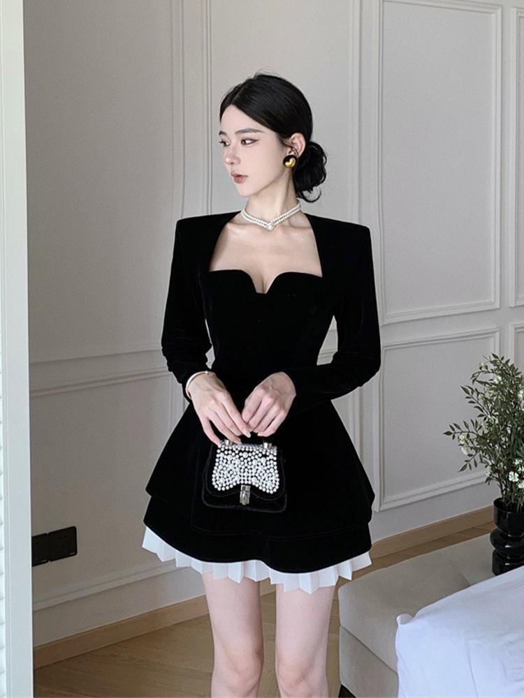 [YU]Váy Thiết Kế Nữ Phong Cách Pháp Vuông Cổ Velvet Đầm Mùa Thu Eo Cao Tôn Dáng Dành Cho Nữ