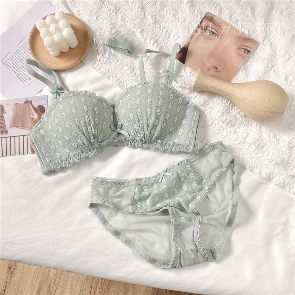 Set Áo Ngực + Quần Lót Ren Thêu Hoa Cúp 3 / 4 Nâng Ngực Quyến Rũ Cho Nữ