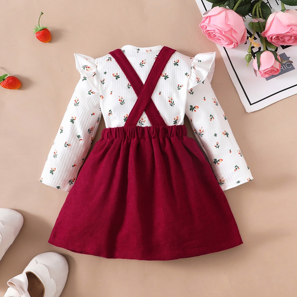 Mô tả Bộ Váy Cho Bé Mikroo Baju Cho Bé Gái 0-24 Tháng 2PICS Cotton-Polyester Phối Vải In Hoa Body + Đầm Công Chúa Màu Đỏ Trơn Mặc Thường Ngày - 3