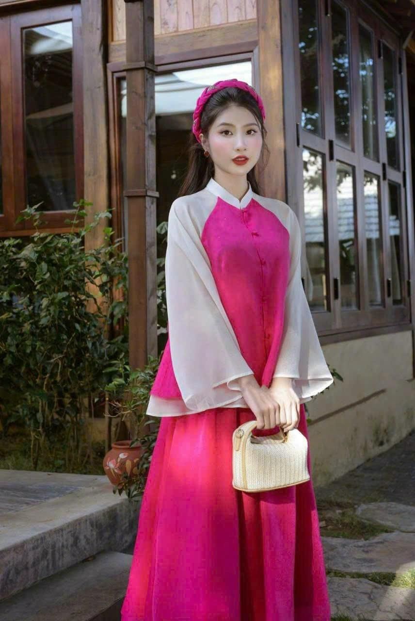 M809 - Set áo cách tân tay dài tơ xốp gài nút dáng xòe kèm chân váy tơ ...