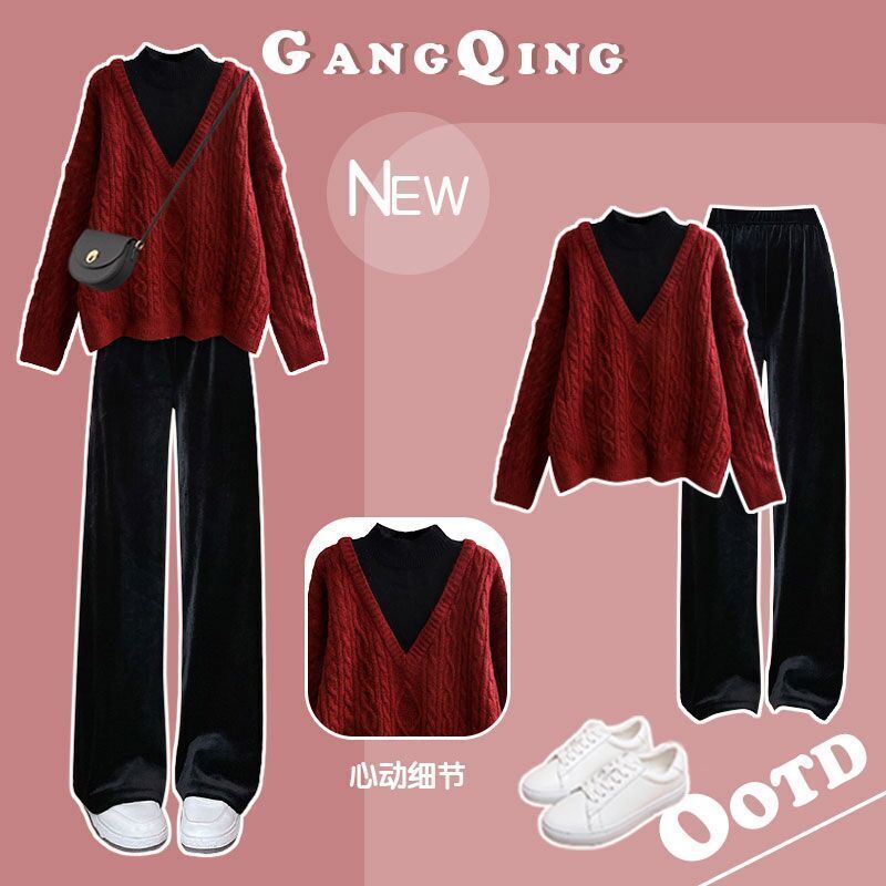 [YU]Set Nữ 2 Món Phong Cách Thu Đông Form Một Bộ Đồ Giáng Sinh Mới Với Áo Len Màu Đỏ