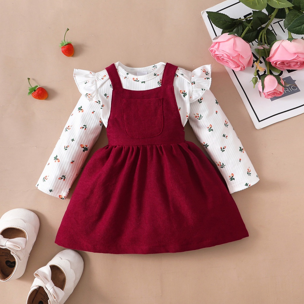 Mô tả Bộ Váy Cho Bé Mikroo Baju Cho Bé Gái 0-24 Tháng 2PICS Cotton-Polyester Phối Vải In Hoa Body + Đầm Công Chúa Màu Đỏ Trơn Mặc Thường Ngày - 2